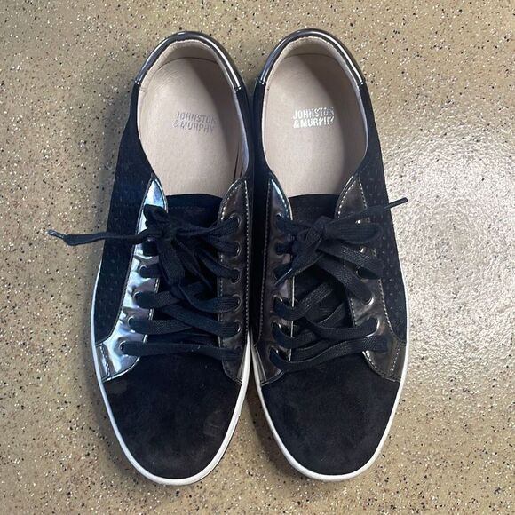 Johnston & Murphy Emerson Perforated Lace Up Black Suede & Metallic Trim Sneaker - Picture 12 of 12